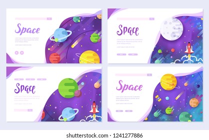 Huge Universe Vector Brochure Cards. Outline Outer Space Rocket Template Of Flyear, Web Banner, Ui Header, Enter Site. Colorful Thin Line Set. Background. Layout Icons Stars In Galaxy Slider 