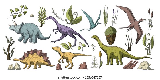 Huge vector clip art hand drawn dinosaur collection. Dino prehistoric stegosaurus, triceratops, brontosaurus and pterosaur cute cartoon doodle jurassic set with floral elements and stones.