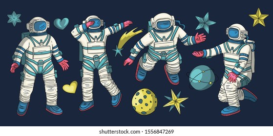 Enorme colección de astronautas dibujada a mano con imágenes vectoriales. Conjunto de iconos de ciencia cosmonauta Spaceman. Gente usando espacios en diferentes poses. Diseño de cosmos astronómicos.