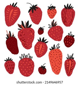 Enorme colección vectorial de fresas de huertas frescas y dulces estilizadas. Conjunto de verano dibujado a mano