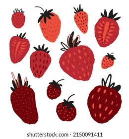 Huge vector collection of farm fresh and sweet stylized garden strawberries. Cute hand drawn summer set