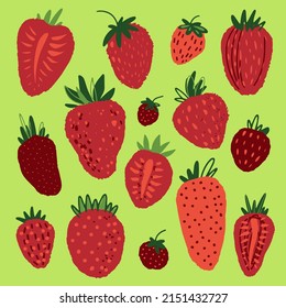 Enorme colección vectorial de fresas de huertas frescas y dulces estilizadas. Conjunto de verano dibujado a mano