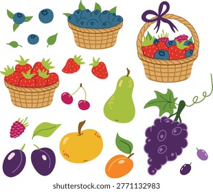 Huge vector collection of fresh garden fruits and berries. Wicker baskets with ripe strawberries and blueberries, purple grapes, green pear, yellow apple and sweet plums isolated on white background.