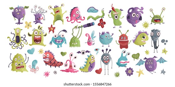 Huge vector cute funny monster clip art hand drawn collection. Colorful comic ugly character set.