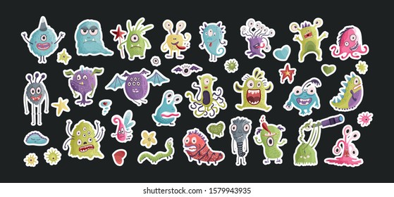 Huge vector cute funny monster clip art hand drawn collection. Colorful comic ugly party sticker character set.