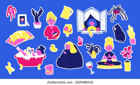 A huge vector original sticker pack for print with girls at home and their hobbies: cooking, yoga, bathing, relaxing, pets, dog, cat, house plants and daydreaming. Colorful stickers for stationary.