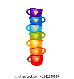 A huge vector pile of cups the colors of ranbow. Cartoon bright mugs. Drinking tea