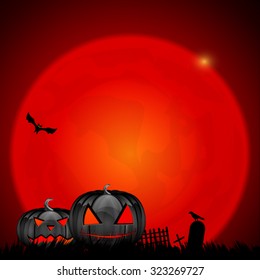 A huge vector red moon design
with shiny black scary Halloween pumpkins 