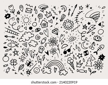 Huge vector set of cute handsketched ink doodles. Sketchy cartoon objects, decorative elements template collection for concept design