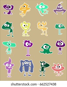 Huge vector set of funny cartoon colorful monsters silhouettes stickers