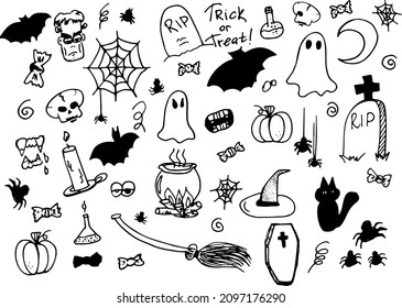 Huge vector set of Halloween doodle. Hand drawn illustration in graphic.