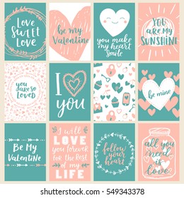 Huge vector set of Valentines Day greeting poster. Cute blue-rose colors for your invitation design. Card collection with floral elements and romantic brush lettering.