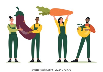 Huge vegetables concept. Collection of men and women with natural and fresh food. Eggplant, carrot and tomato. Harvesting and farming. Cartoon flat vector illustrations isolated on white background