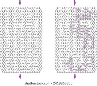 Enorme laberinto vertical rectangular con esquinas recortadas. Un laberinto de alta complejidad con solución. Complejo complejo blanco y negro con alto nivel de dificultad. Bonito rompecabezas de tormentas.