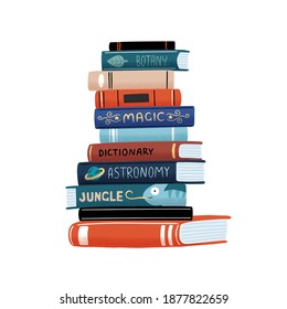 Huge vertical stack of academic and entertainment books with colorful covers vector flat cartoon illustration. Pile of educational and fiction literature isolated on white background