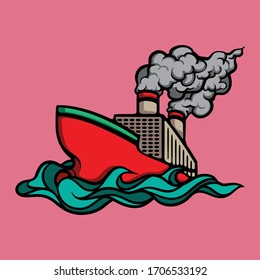 Huge vessel ship sailing through the ocean with big steam funnel.  Marine life illustration isolated on pink background