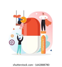 Huge vitamin capsule pill and micro male and female characters, vector illustration. Vitamin and mineral supplements for health improvement concept for web banner, website page etc.