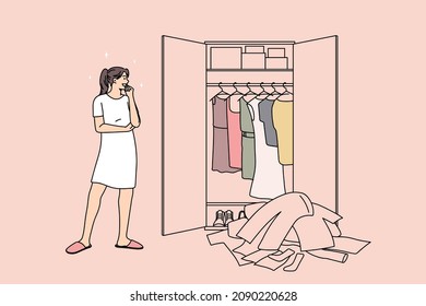 Huge wardrobe and problem of choice concept. Young smiling girl standing looking at wardrobe with many colorful clothes and trying to choose something to wear vector illustration 