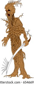 A huge warrior tree goes on the attack with a big sword, illustration