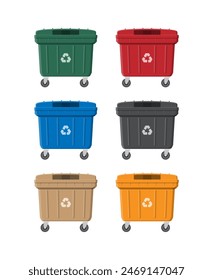 Huge waste trash can isolated on white. Container for garbage. Dumpster on wheels. Garbage recycling and utilization equipment. Waste management. Vector illustration in flat style