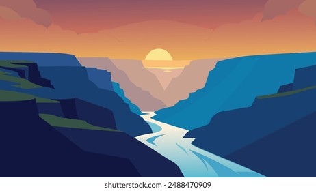 Enorme cascada Gullfoss en la niebla de la mañana. Escena colorida del verano en el río Hvita en el suroeste de Islandia, Europa Ilustración vectorial plana