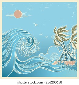 Huge wave.Vector blue seascape with tropical island and palms