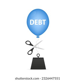 Huge weight with debt. Business concept. A balloon held by a large weight. Scissors cut and get rid of debts, helping to restructure debt burden. Bankruptcy. Money management. Vector illustration