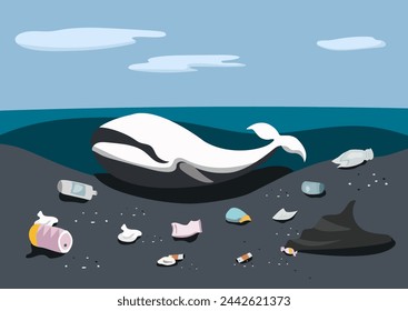 a huge whale carcass stranded on beach with waste pollution around background