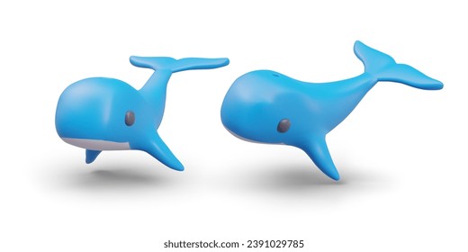 Huge whale in different positions. Aquarium or ocean underwater marine animals in blue color. Underwater world. Toy for kids. Vector illustration in 3d style