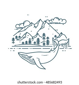 Huge Whale with mountains landscape. Nature exploration poster. Modern flat linear vector illustration