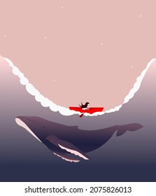 A huge whale swims in the water column. Waves during a storm in the ocean. The realization of a dream, a waking dream. Concept: fantastic cartoon. A girl with long hair holds an oar, sails on a boat 