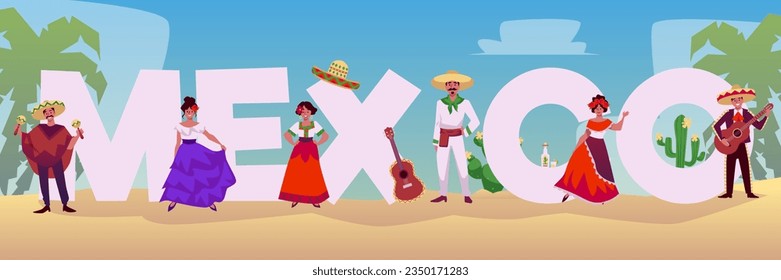 Huge white letters Mexico, vector Mexican symbols. People in national costumes against of desert and palm trees. Women in long dress with flowers in head, men in sombrero, poncho with maracas, guitar