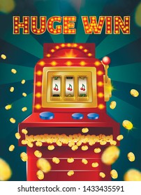 Huge Win Vertical Banner, Slot Machine with Three Cherries on Screen Show Winning Combination, Golden Coins Falling on Green Background with Radiant Rays, Casino Game, Vector Realistic Illustration