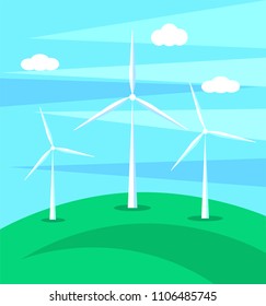 Huge wind mills on green hill on background of blue sky background vector illustration isolated. Eco clean alternative sources of energy on mountain.