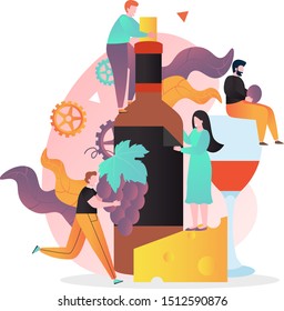 Huge wine bottle, wineglass, cheese, bunch of grapes and tiny characters, vector illustration. Wine event, tasting, festival, winery concept for web banner, website page etc.