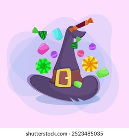 Huge witch hat among sweets, candies and lollipops on abstract background. Halloween banner design. Celebration, holiday, party concept. Vector illustration for invitation or poster