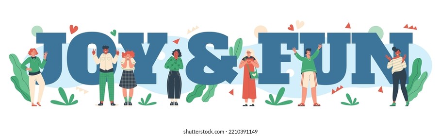 Huge words joy and fun and tiny people flat style, vector illustration isolated on white background. Positive emotion people, gestures and facial expressions