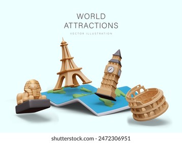 Huge world map, Colosseum, Eiffel Tower, Big Ben, Great Sphinx