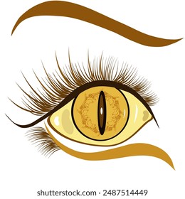 A huge yellow eye with an elongated pupil. Pattern on the iris.
