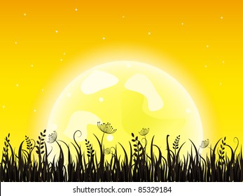 Huge yellow moon with dark grass meadow. Night Vector illustration.