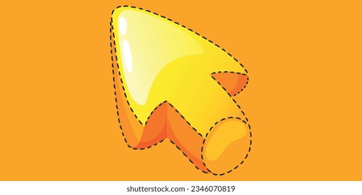 Huge yellow mouse cursor, in the form of an arrow. 3d cursor with dotted line.