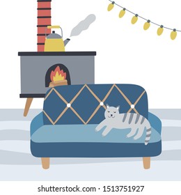 Hugge greeting card with cat on the couch. Cute vector home interior for winter holidays. Merry Christmas and happy New Year illustration concept