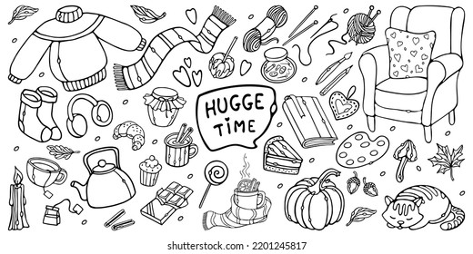 Hugge time Set. Autumn Fall hand-drawn outline doodles Vector Illustration. Home activities, hobbies: reading, drawing, knitting, sewing, eating, tea coffee drinking
