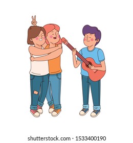 hugged cartoon teen girls and boy playing guitar over white background, vector illustration