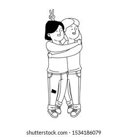 hugged cartoon teen girls over white background, vector illustration