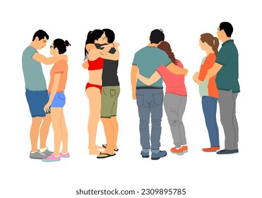 Hugged couple in love vector illustration isolated. Happy lovers hugging. Boyfriend and girlfriend hug. Closeness tenderness on date. Woman man stick together. Emotional people kiss, boy kissing girl.