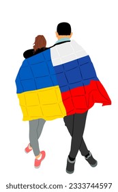 Hugged Ukraine woman Russian man stick together vector illustration isolated. Emotional people boy hug girl covered with national flag mixed. Couple in love. Happy lovers hugging, boyfriend girlfriend