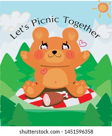 Hugger Teddy Bear Sitting On The Hill Of Forest For Picnic And He is Waiting For You "Let's Picnic Together"

It Can Make A Very Special Greeting card, Party Invitation And Vector illustration