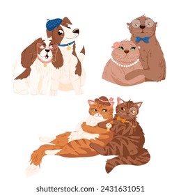 Conjunto de vectores de personajes dibujados a mano lindo en el amor.  Gatos, perros, nutrias. Fondo blanco. Estilo de dibujos animados.