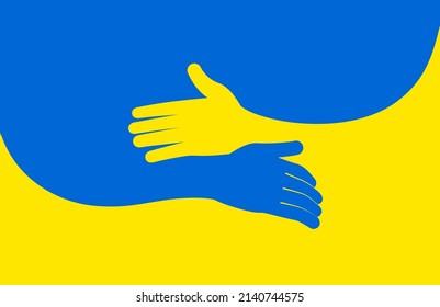 Hugging arms in colors of Ukraine. Support for Ukraine. Care, love and charity symbol. Embrace icon. War in Ukraine, attack from Russia.